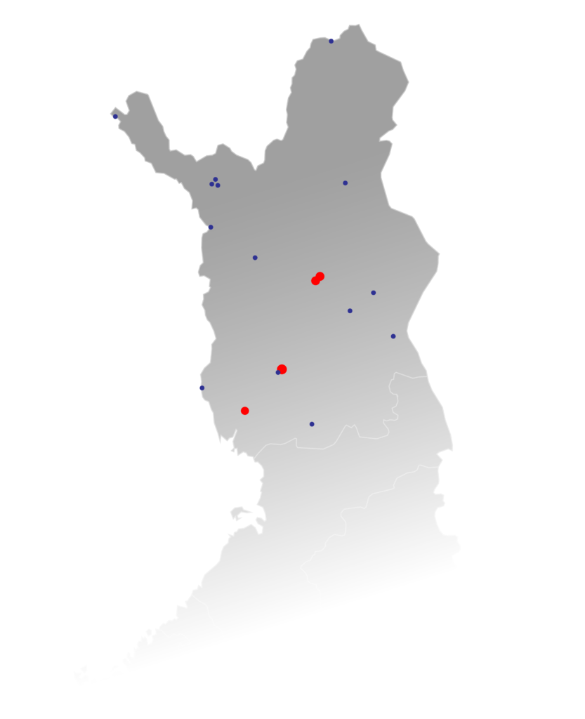 Kartta suomen lapista jossa kuvattuna pisteinä Laplan oy valmiit ja meneillään olevat työmaat.